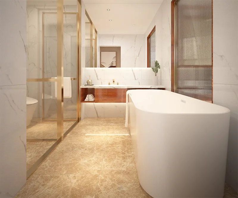 Marble bathroom with a freestanding bath and a glass-framed shower