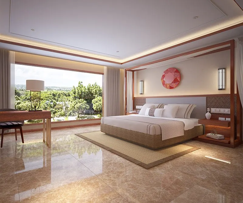 Spacious lodge bedroom with a wide picture window over the greenery